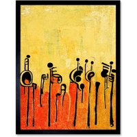 Artery8 Wall Art Print Abstract Music Band Figures In Warm Acrylic Tones Musical Art Framed in Black | Size: W12" x H16"