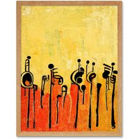Artery8 Wall Art Print Abstract Music Band Figures In Warm Acrylic Tones Musical Art Framed in Light Oak | Size: W12" x H16"