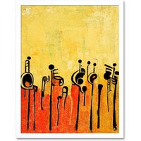Artery8 Wall Art Print Abstract Music Band Figures In Warm Acrylic Tones Musical Art Framed in White | Size: W12" x H16"