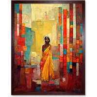Artery8 Wall Art Print Bright Bold Woman Yellow Saree Sari Hindu Muslim Skirt Dress Painting Art Framed in Brown | Size: W12" x H16"