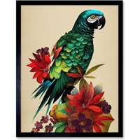 Artery8 Wall Art Print Exotic Flowers & Feathers Macaw Parrot & Jungle Blooms Art Framed in Black | Size: W12" x H16"