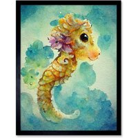 Artery8 Wall Art Print Cute Baby Seahorse Kids Bedroom Watercolour Art Framed in Black | Size: W12" x H16"