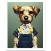 Artery8 Wall Art Print Dog In Dungarees Detailed Portrait Photorealistic Art Framed in White | Size: W12" x H16"