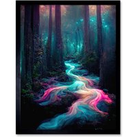 Artery8 Wall Art Print The Enchanted Forest Magical Fantasy River Art Framed in Black | Size: W12" x H16"