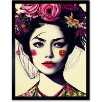 Artery8 Wall Art Print Boho Woman With Flowers Headdress Modern Art Framed in Black | Size: W12" x H16"