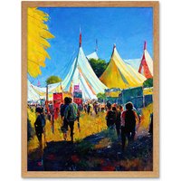 Artery8 Wall Art Print Glastonbury Music Festival 1987 Morning Oil Painting Art Framed in Light Oak | Size: W12" x H16"