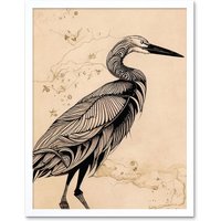 Artery8 Wall Art Print Heron Bird Simple Ink Art Framed in White | Size: W12" x H16"