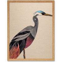 Artery8 Wall Art Print Abstract Heron Bird Coral & Teal Hue Art Framed in Light Oak | Size: W12" x H16"