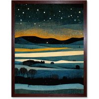 Artery8 Wall Art Print Star Filled Twilight Landscape Painting Art Framed in Brown | Size: W12" x H16"