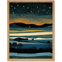 Artery8 Wall Art Print Star Filled Twilight Landscape Painting Art Framed in Light Oak | Size: W12" x H16"