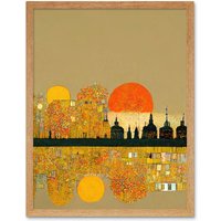 Artery8 Wall Art Print Klimt Inspired Autumn Sunset City Skyline Patterns Art Framed in Light Oak | Size: W12" x H16"