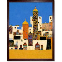 Artery8 Wall Art Print Moroccan Cityscape Buildings Klimt Style Bold Art Framed in Brown | Size: W12" x H16"
