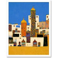 Artery8 Wall Art Print Moroccan Cityscape Buildings Klimt Style Bold Art Framed in White | Size: W12" x H16"