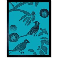 Artery8 Wall Art Print Linocut Vintage Blue Birds Jungle Pattern Teal Art Framed in Black | Size: W12" x H16"