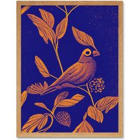 Artery8 Wall Art Print Vintage Art Nouveau Pattern Detail Tropical Bird On Branch Linocut Art Framed in Light Oak | Size: W12" x H16"