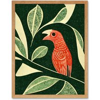 Artery8 Wall Art Print Red Parrot On Tree Branch Vintage Linocut Art Framed in Light Oak | Size: W12" x H16"