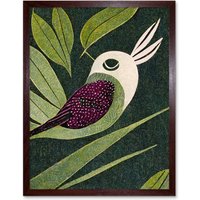 Artery8 Wall Art Print Vintage Linocut Small Bird With Plant Leaves Art Framed in Brown | Size: W12" x H16"