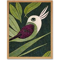 Artery8 Wall Art Print Vintage Linocut Small Bird With Plant Leaves Art Framed in Light Oak | Size: W12" x H16"