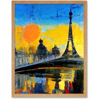 Artery8 Wall Art Print Modern Bright Abstract Paris At Sunrise Cityscape Eiffel Tower Art Framed in Light Oak | Size: W12" x H16"