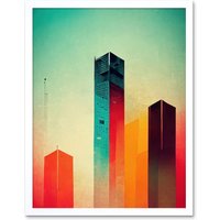 Artery8 Wall Art Print Tower Block Skyscrapers Minimalist Skyline Graphic Design Art Framed in White | Size: W12" x H16"