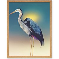 Artery8 Wall Art Print Heron Sunrise Bird Art Framed in Light Oak | Size: W12" x H16"