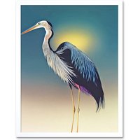 Artery8 Wall Art Print Heron Sunrise Bird Art Framed in White | Size: W12" x H16"