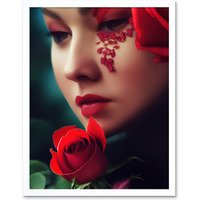 Artery8 Wall Art Print Portrait Of Melancholic Woman With Red Roses Painting Art Framed in White | Size: W12" x H16"