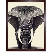 Artery8 Wall Art Print Of Elephant With Tribal Patterns Black & White Art Framed in Brown | Size: W12" x H16"
