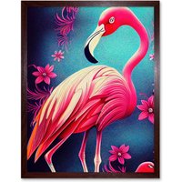 Artery8 Wall Art Print Vibrant Flamingo With Pink Florals Flowers Art Framed in Brown | Size: W12" x H16"