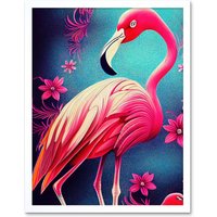 Artery8 Wall Art Print Vibrant Flamingo With Pink Florals Flowers Art Framed in White | Size: W12" x H16"