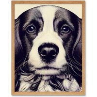 Artery8 Wall Art Print Springer Spaniel Puppy Dog Portrait Drawing Art Framed in Light Oak | Size: W12" x H16"