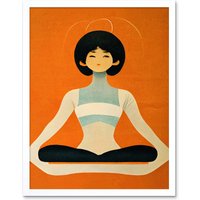 Artery8 Wall Art Print Peaceful Japanese Woman In Yoga Pose Orange Black Quirky Art Framed in White | Size: W12" x H16"