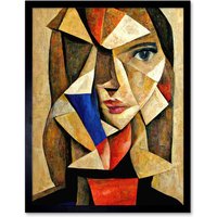 Artery8 Wall Art Print Painting Cubism Style Portrait Of Young Woman Beige & Brown Art Framed in Black | Size: W12" x H16"