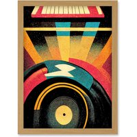 Artery8 Retro Record Player DJ Decks Turntable Abstract Print Artwork Framed Wall Art Print A4 in Light Oak
