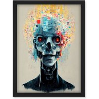 Artery8 Android Cyborg AI Skull With Infrared Eyes Artwork Framed Wall Art Print A4 in Black
