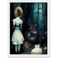 Artery8 Alice In Wonderland Fantasy Forest Friends Artwork Framed Wall Art Print A4 in White