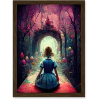 Artery8 Alice In Wonderland Through Looking Glass Enchanted Pink Forest Artwork Framed Wall Art Print A4 in Brown