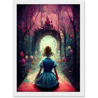 Artery8 Alice In Wonderland Through Looking Glass Enchanted Pink Forest Artwork Framed Wall Art Print A4 in White