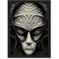 Artery8 Alien Grays Monochrome Gothic Horror Artwork Framed Wall Art Print A4 in Black