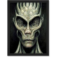 Artery8 Gray Alien Gothic Horror Dark Monochrome Artwork Framed Wall Art Print A4 in Black
