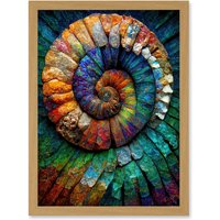 Artery8 Bright Multicoloured Ammonite Fossil Artwork Framed Wall Art Print A4 in Light Oak