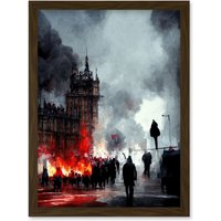 Artery8 Anarchy Civil Unrest Punk Rioting UK Houses Parliament Artwork Framed Wall Art Print A4 in Brown