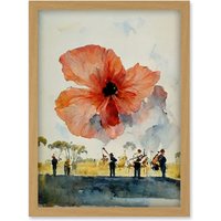 Artery8 Watercolour War Memorial Remembrance Day Poppy Brass Band Artwork Framed Wall Art Print A4 in Light Oak