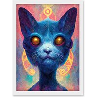 Artery8 Cosmos Astral Cat With Colourful Energy Frequencies Artwork Framed Wall Art Print A4 in White