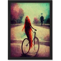 Artery8 Koi Fish With Bicycle Surrealism Purple Teal Park Dream Artwork Framed Wall Art Print A4 in Black