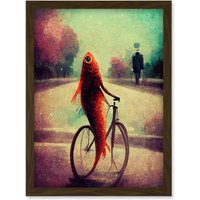 Artery8 Koi Fish With Bicycle Surrealism Purple Teal Park Dream Artwork Framed Wall Art Print A4 in Brown