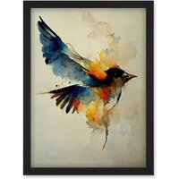Artery8 Watercolour Paint Illustration Of Colourful Flying Bird Artwork Framed Wall Art Print A4 in Black