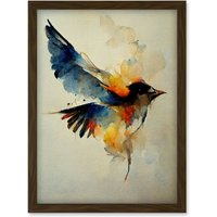 Artery8 Watercolour Paint Illustration Of Colourful Flying Bird Artwork Framed Wall Art Print A4 in Brown