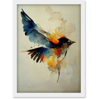 Artery8 Watercolour Paint Illustration Of Colourful Flying Bird Artwork Framed Wall Art Print A4 in White