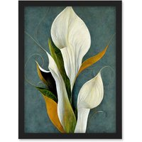 Artery8 White Calla Lily Bouquet Flowers In Blue Background Realism Artwork Framed Wall Art Print A4 in Black